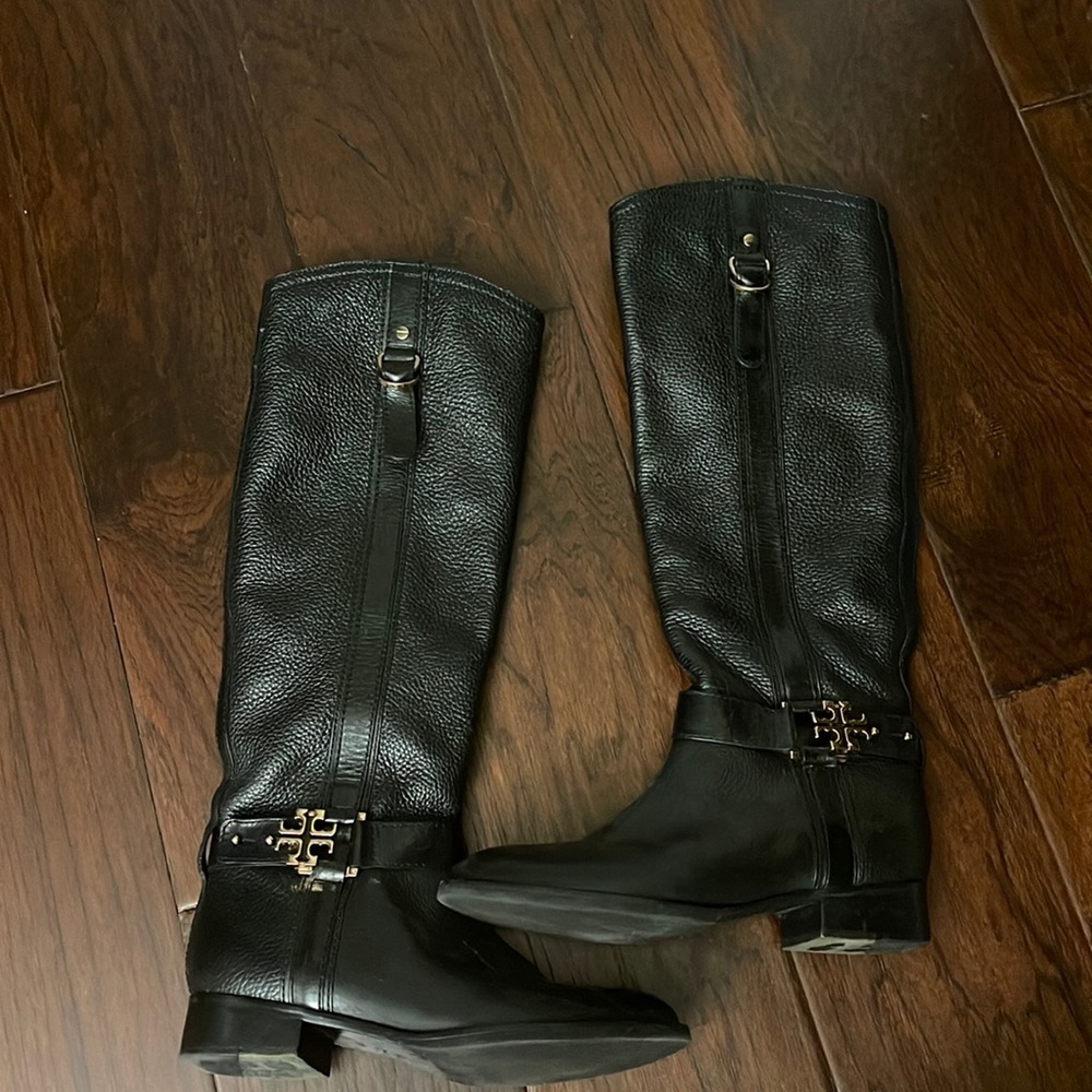 Tory Burch black leather tall boots gold hardware